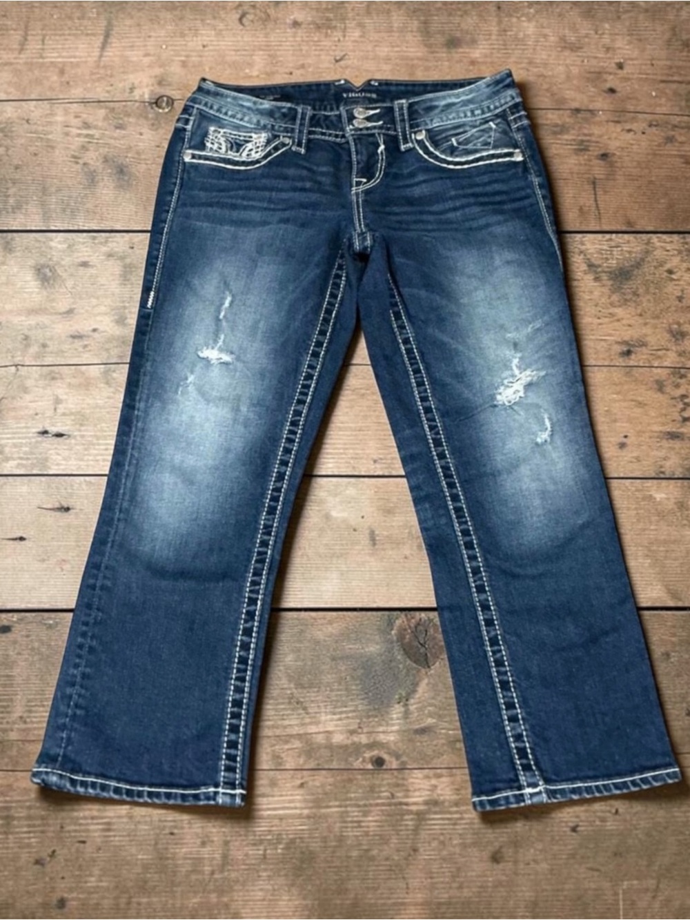 Vigoss Distressed Dark Wash The Chelsea Capri Blue Jeans